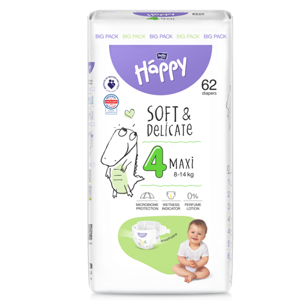 Підгузки дитячі одноразові HAPPY BELLA BABY maxi. 8-14 кг, 62 шт.